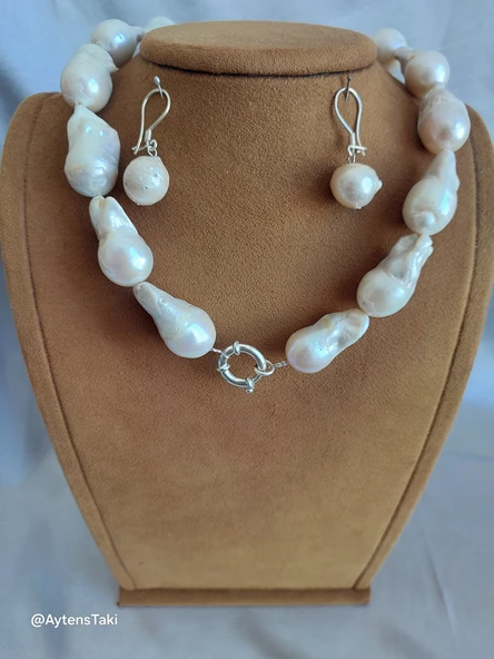Doğal Barok İnci Set, Gümüş Gemici Kilitli Kolye & Küpe Seti ürün görseli 1