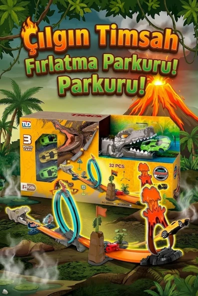 Çılgın Timsah Fırlatma Ve Yarış Pisti Seti - 3 Arabalı Akrobasi Parkuru - Yanardağ Temalı Oyuncak ürün görseli 1