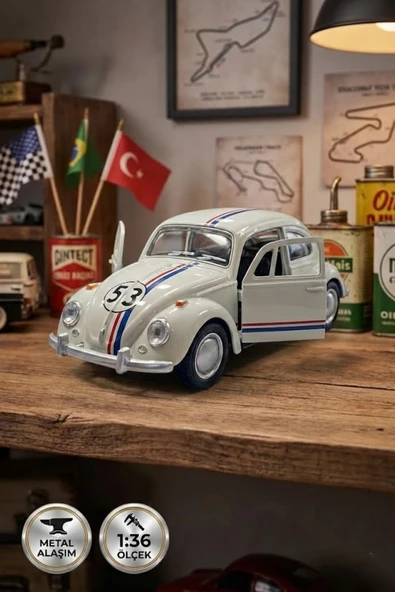 1:36 Ölçek Metal Vosvos Çek Bırak Araba Kapıları Açılan Oyuncak 1947 Volkswagen Beetle - Beyaz ürün görseli 1