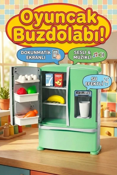 Müzikli Sesli Ve Dokunmatik Ekranlı Oyuncak Buzdolabı Seti - 12 Parça Aksesuarlı Evcilik Oyuncakları ürün görseli 1