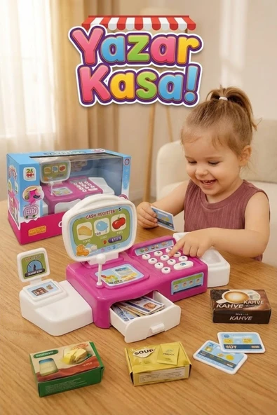 Sesli Oyuncak Yazar Kasa Market Seti - Pilli, Aksesuarlı, Hesap Makineli Evcilik Oyuncağı (Pembe) ürün görseli 1