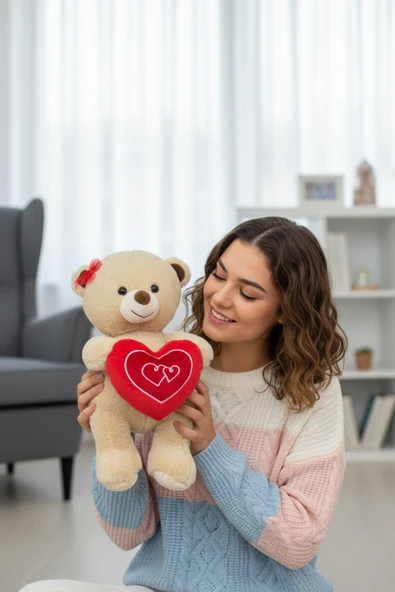 Kırmızı Tokalı Sevimli Yumuşacık 35 cm Kalpli Peluş Ayıcık Uyku Arkadaşı Hediyelik ürün görseli 1