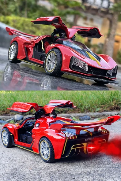 Sesli Işıklı Buhar Atan Metal Die Cast Model Kırmızı Spor Oyuncak Araba 20x8x5 Cm ürün görseli 1
