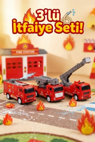 3'lü Metal Çek Bırak İtfaiye Araba Seti - Dayanıklı Diecast Oyuncak İtfaiye Araçları ürün görseli 1
