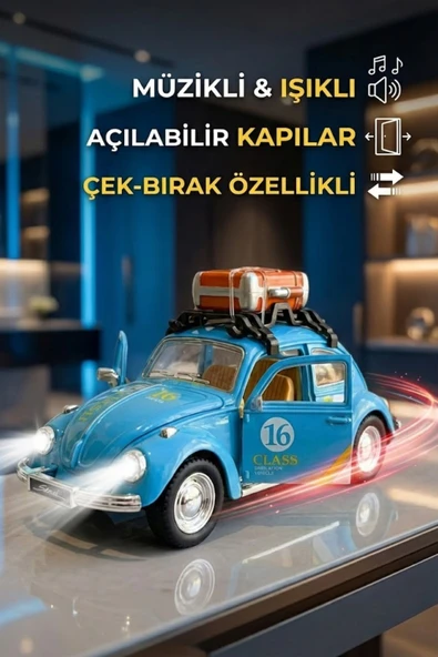 Büyük Boy Metal Çek Bırak Vosvos Oyuncak Araba - Sesli Işıklı Kapıları Açılan Nostaljik Model ürün görseli 1