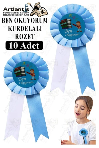 Ben Okuyorum Kurdelalı Rozet 10 Adet Mavi Beyaz Yaka Rozeti Çocuk Bayram Etkinlik 15 cm Kokart ürün görseli 1