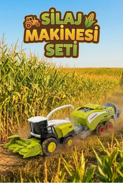 Die-Cast Metal Silaj Makinesi ve Römork Seti - Sürtmeli Çiftlik Oyuncak Traktör Biçerdöver ürün görseli 1