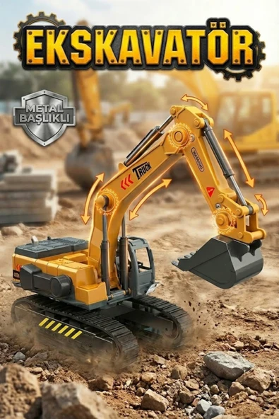 Metal Başlıklı Oyuncak Ekskavatör - Hareketli Kepçe İş Makinesi 26 cm ürün görseli 1