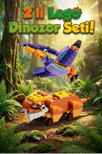 2'li Dinozor Yapım Seti - Triceratops ve Pterodactyl Figürlü Eğitici Blok Oyuncak (139 Parça) ürün görseli 1