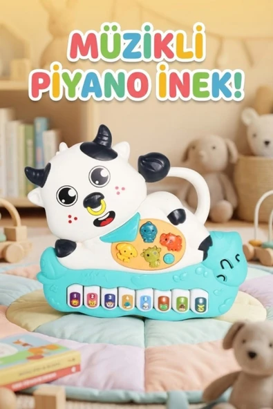 Eğitici Müzikli ve Işıklı Sevimli İnek Piyano - Hayvan Sesli Fonksiyonel Bebek Gelişim Oyuncağı ürün görseli 1
