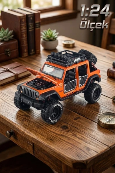 1:24 Ölçek Metal Off-Road Jeep Turuncu - Sesli Işıklı Çek Bırak Kapıları Açılan Oyuncak Arazi Aracı ürün görseli 1
