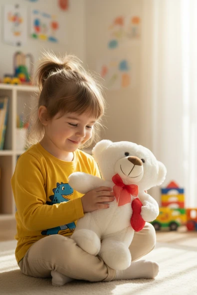 Kırmızı Kurdeleli ve Kalpli Yumuşacık Sevimli Beyaz Ayıcık 35 cm Uyku Arkadaşı ürün görseli 1