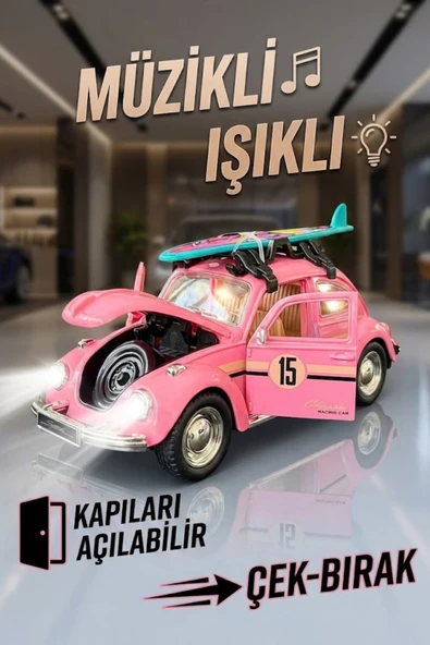 Büyük Boy Metal Çek Bırak Vosvos Oyuncak Araba - Sesli Işıklı Kapıları Açılan Nostaljik Model ürün görseli 1
