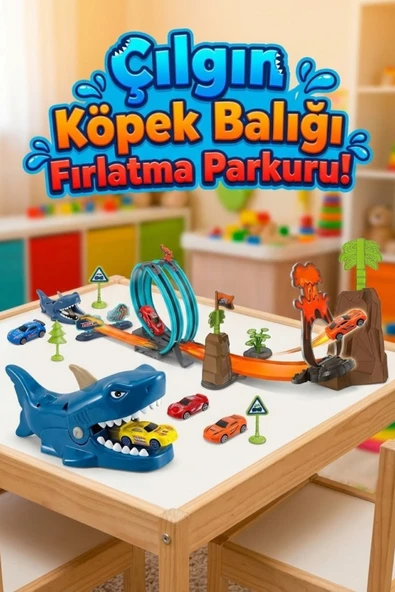 Çılgın Köpek Balığı Fırlatma Parkuru - 3 Arabalı 360 Derece Takla Atan Yarış Pisti Seti (32 Parça) ürün görseli 1