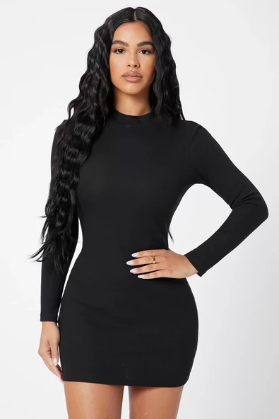 Kadın Siyah Kaşkorse Balıkçı Yaka Uzun Kollu Bodycon Mini Elbise ürün görseli 1