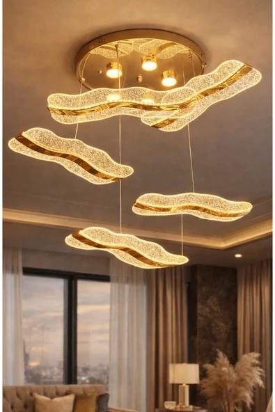 burenze Modern Tasarım Wawes Ledli Avize Gold Sarı Sarkıt 5’li Led Avize ürün görseli 1