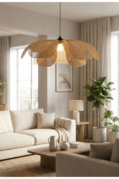 burenze Modern Bohem El Yapımı Orijinal Hasır Bambu Rose Çiçek Sarkıt Avize ürün görseli 1