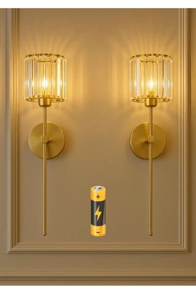 burenze Modern Tasarım Kristal Taşlı Kablosuz Aç Kapa Butonlu Pilli Aplik Eskitme Gold Tak Çalıştır 1 ADET ürün görseli 1