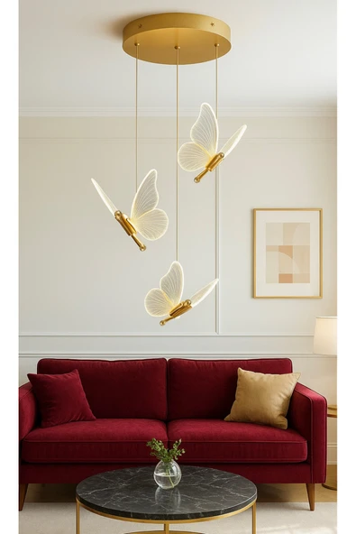 burenze Modern Luxury Tasarım Butterfly Kelebek Üçlü Sarkıt Avize Gold Sarı ürün görseli 1