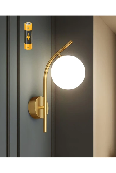 burenze Modern Tasarım Pilli Aplik Beyaz Glop Camlı Kablosuz Aç Kapa Butonlu Tak Çalıştır Eskitme Gold Gövde ürün görseli 1