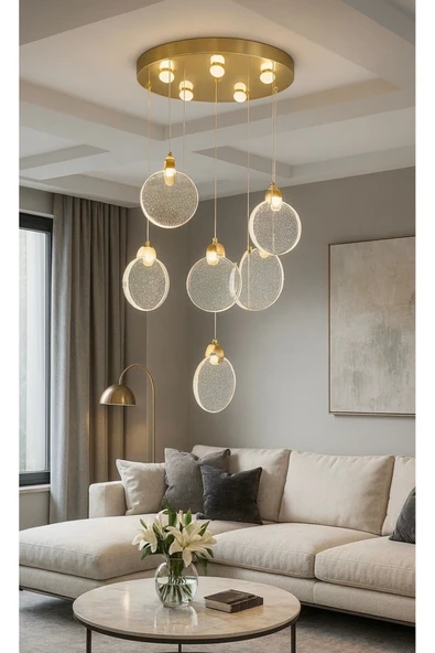 burenze Luxury Modern Sarkıt Altılı Power Led Avize Camlı Gold Sarı ürün görseli 1