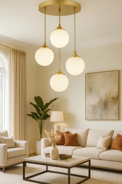 burenze Modern Camlı Avize Beyaz Mat Glop Camlı Sarkıt Dörtlü Salon Avizesi Eskitme Gold ürün görseli 1