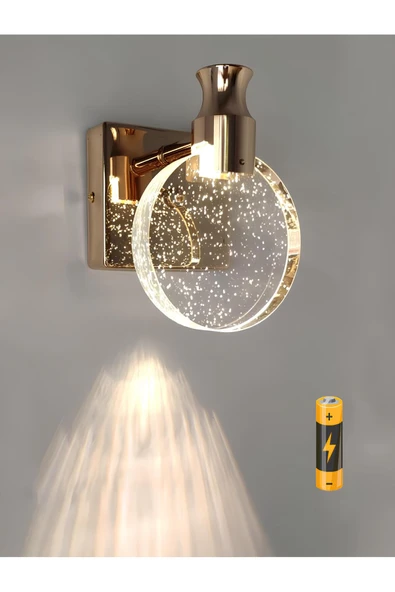 burenze Modern Luxury Kristal Taşlı Pilli Aplik Aç Kapa Buton French Gold Sarı Gün Işığı Ledli Aplik ürün görseli 1