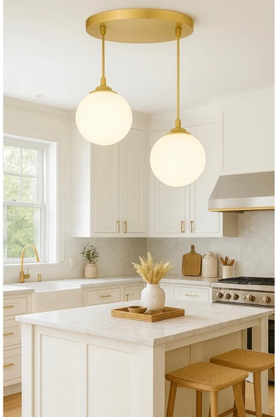 burenze Modern Camlı Avize Beyaz Mat Glop Camlı Sarkıt İkili Salon Avizesi Eskitme Gold ürün görseli 1