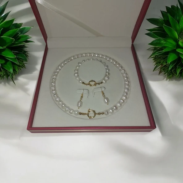 Doğal Inci Kolye Bileklik Küpe Seti (PASLANMAZ ÇELİK GEMİCİ KİLİDİ, ÇELİK KÜPE APARATI) ürün görseli 1