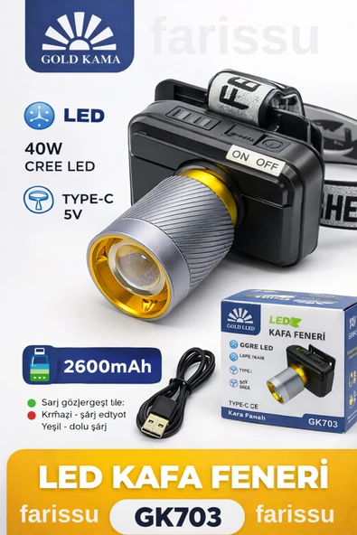 GK703 LED Kafa Lambası | 4000 Lümen | 40W Cree LED | Type-C Şarjlı | 3 Mod | Zoomlu ürün görseli 1