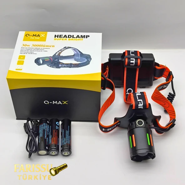 Q-Max Ps-T62 3000 Lümen Kafa Lambası - 3x18650 Pil Dahil 11400 Mah
