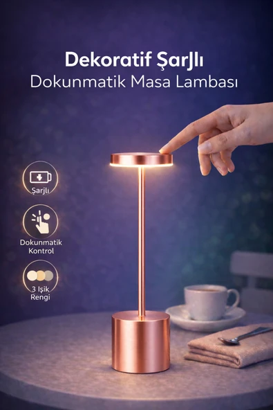 Dekoratif Masa üstü Şarjlı Dokunmatik Masa Lambası Rose Gold 3 Işık Renkli Dimerli Metal ürün görseli 1