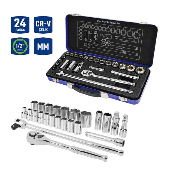WORKPRO WP202564 1/2'’ Cr-V 24 Parça Metrik Ağır Hizmet Lokma Takımı ürün görseli 1