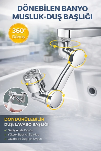 1080 Derece Dönebilen Mutfak Banyo Musluk Duş Başlığı Nikelaj Kaplama Ayarlanabilir Paslanmaz ürün görseli 1