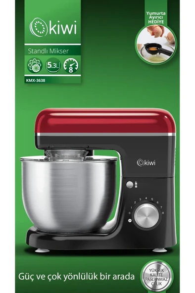 Kiwi Kmx-3638 Hamur Yoğurma & Stand Mikser 5,3 Lt 1300w 8 Hız Kademeli Mutfak Şefi Kırmızı ürün görseli 1
