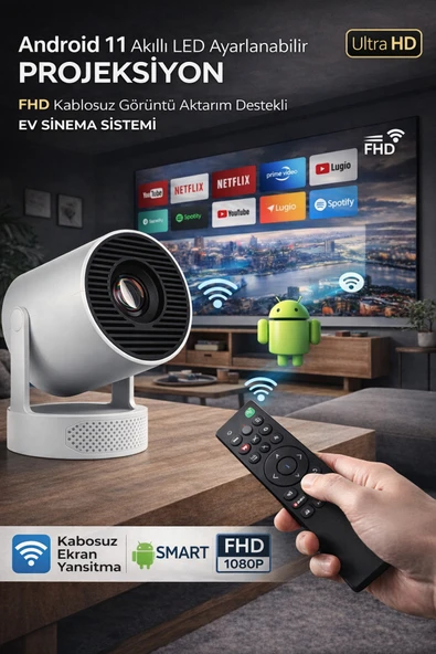 Taşınabilir Akıllı LED Projeksiyon FHD WiFi 6 Kablosuz Görüntü Aktarımlı Ev Sinema Sistemi Ultra HD ürün görseli 1
