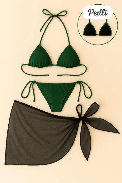 Kadın Yeşil Siyah Pareolu Yandan ve Boyundan Bağlamalı 3'lü Bikini Takımı ürün görseli 1