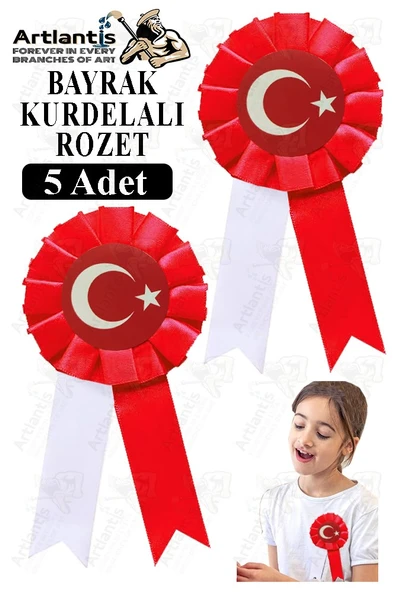 Bayrak Kurdelalı Rozet 5 Adet Kırmızı Beyaz Yaka Rozeti Çocuk Bayram Etkinlik 15 cm Kokart ürün görseli 1
