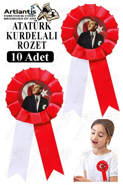 Atatürk Kurdelalı Rozet 10 Adet Kırmızı Beyaz Yaka Rozeti Çocuk Bayram Etkinlik 15 cm Kokart ürün görseli 1