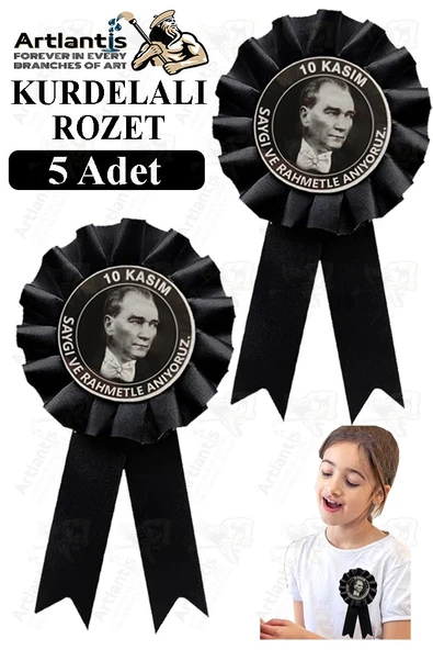 10 Kasım Atatürk Kurdelalı Rozet 5 Adet Siyah Yaka Rozeti Çocuk Bayram Etkinlik 15 cm Kokart ürün görseli 1