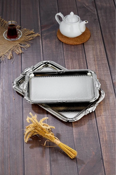 Cooker 2'li Metal Dikdörtgen Gümüş Sunum Tepsisi 43x30 cm ve 36x26 cm CKR3331 ürün görseli 1