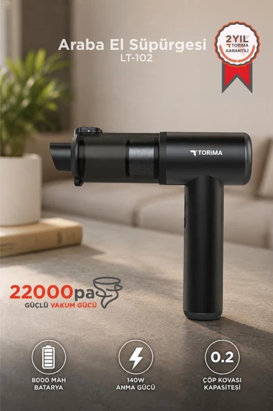 Araç İçi Süpürge 22.000PA Güçlü Emiş USB-C Şarjlı Mini Araba El Süpürgesi Torima LT102 Siyah ürün görseli 1