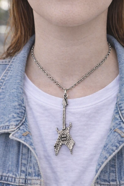 Rock Elektro Gitar Figürlü Gümüş Renk Unisex Uzun Kolye ürün görseli 1
