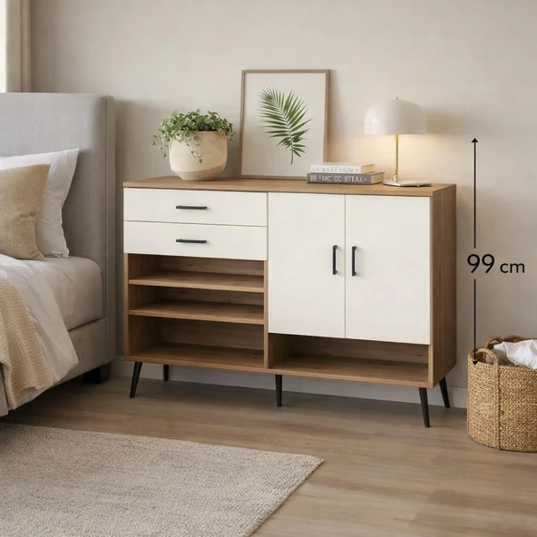 Dienni Arges Konsol 4 Raflı 2 Çekmeceli 2 Kapaklı 176x30x99 Çam-Aytaşı ürün görseli 1