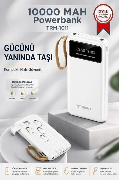 Powerbank Dijital Göstergeli Kablolu 4 Çıkışlı 10.000 Mah Taşınabilir Şarj Aleti TRM1011 Beyaz ürün görseli 1