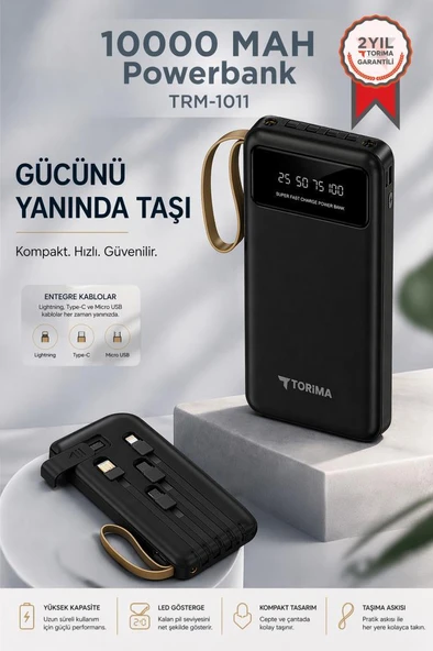 Powerbank Dijital Göstergeli Kablolu 4 Çıkışlı 10.000 Mah Taşınabilir Şarj Aleti TRM1011 Siyah ürün görseli 1