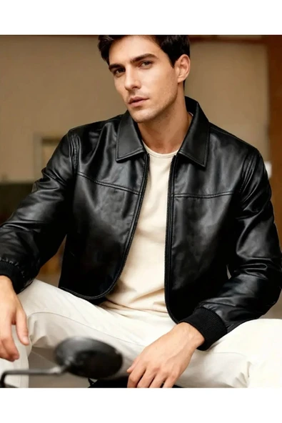 Basic Slim Fit Polo Yakalı Deri Ceket - Resim 3