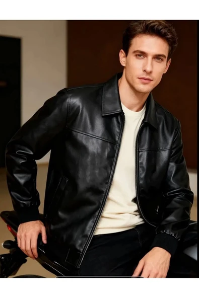 Basic Slim Fit Polo Yakalı Deri Ceket ürün görseli 1