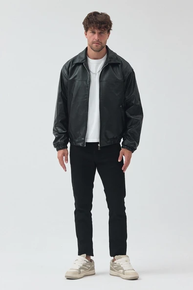 Unisex Oversize Basic Deri Ceket - Resim 2
