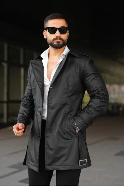 İçi Kürklü Slim Fit Uzun Deri Ceket ürün görseli 1